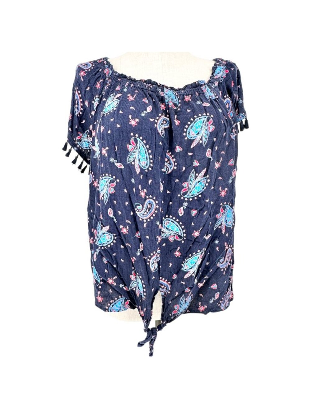 Westport Top Womens 2X Navy Blue Paisley Print With Tassel Sleeves Tie Front